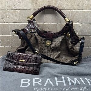 Brahmin Brown and Grey/Tan Shoulder Purse and Wallet Set